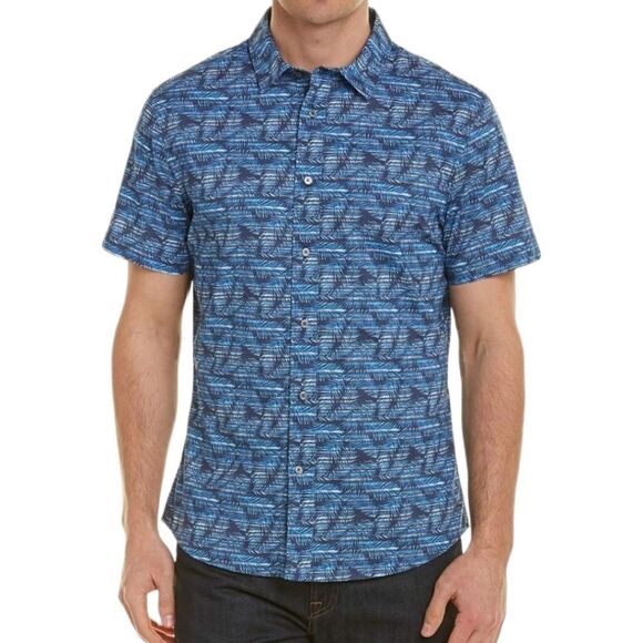 Slate & Stone Blue Stripe Leaves Short Sleeve 100% Cotton Button-up Shirt (NWOT) - Picture 1 of 12